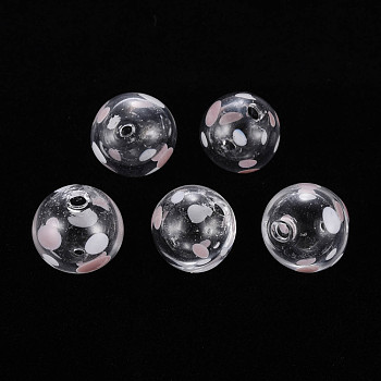 Transparent Handmade Blown Glass Globe Beads, Wave Point Pattern, Round, White, 13.5~14.5x14~15mm, Hole: 1~2mm