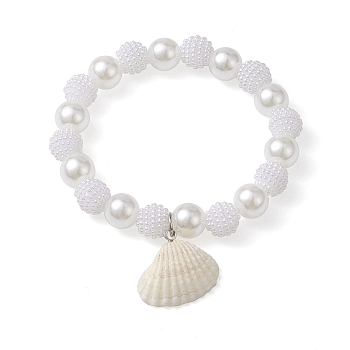 ABS Plastic Imitation Pearl Beaded Stretch Bracelet, with Natural Shell Charms, Seashell Color, Inner Diameter: 2-1/8 inch(5.3cm)