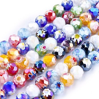 Faceted Round Handmade Millefiori Glass Beads Strands, AB Color Plated, Mixed Color, 9.5~10mm, Hole: 1.5mm, about 38pcs/strand, 14.1 inch