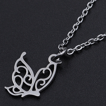 201 Stainless Steel Pendant Necklaces, with Cable Chains and Lobster Claw Clasps, Butterfly, Stainless Steel Color, 15.74 inch(40cm), 1.5mm