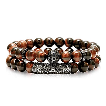 2Pcs 2 Style Dyed Natural Tiger Eye Beaded Stretch Bracelets Set, Saddle Brown, Inner Diameter: 2-3/8 inch(6cm), 1Pc/style