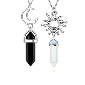 2Pcs 2 Style Natural Black & Opalite Bullet Pendant Necklaces Set, Alloy Sun & Moon Couple Necklaces, 17.72 inch(45cm), 1Pc/style
