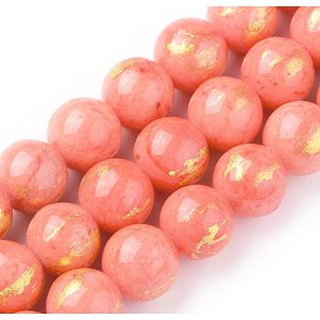 Natural Jade Beads Strands, with Gold Foil, Dyed, Round, Orange Red, 8mm, Hole: 1mm, about 50pcs/strand, 15.75 inch(40cm)