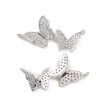 Brass Micro Pave Clear Cubic Zirconia Connector Charms, Butterfly Links, Platinum, 15.5x29.5x3mm, Hole: 1.2mm