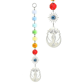 201 Stainless Steel Yoga with Lotus Pendant Decorations, with Glass Octagon and Brass Resin Evil Eye Link, for Home Decorations, Sun, Colorful, 215mm, Hole: 10mm