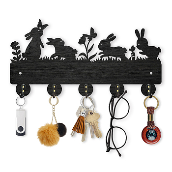 Wood & Iron Wall Mounted Hook Hangers, Decorative Organizer Rack, with 2Pcs Screws, 5 Hooks for Bag Clothes Key Scarf Hanging Holder, Rabbit, 153x300x7mm