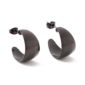Ion Plating(IP) 304 Stainless Steel Chunky C-shape Stud Earrings, Half Hoop Earrings for Women, Electrophoresis Black, 20.5x12mm, Pin: 0.7mm
