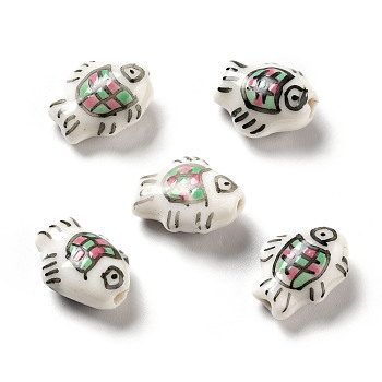 Handmade Printed Porcelain Beads, Fish, Colorful, 14.5~15x11.5~12x7~7.5mm, Hole: 1.6mm