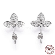925 Sterling Silver Micro Pave Cubic Zirconia Peg Bails, Leaf Cup Peg Bails, For Pinch Bails Half Drilled Beads, Nickel Free, with 925 Stamp, Real 18K Gold Plated, 20x12x5mm, Hole: 1.8mm, Pin: 0.8mm(STER-T004-42P)