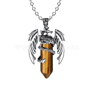 Natural Tiger Eye Bullet with Dragon Pendant Necklace with Zinc Alloy Chains, 19.69 inch(50cm)(PW-WG99720-01)