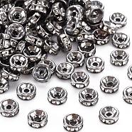 Iron Rhinestone Spacer Beads, Grade A, Straight Edge, Rondelle, Gunmetal, Clear, Size: about 6mm in diameter, 3mm thick, hole: 1.5mm(RB-A010-6MM-B)