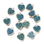 Electroplate AB Color Druzy Resin Pendants, with Iron Findings, Heart, Light Gold, Steel Blue, 15x12x3.5~4mm, Hole: 1mm(RESI-S366-01B)
