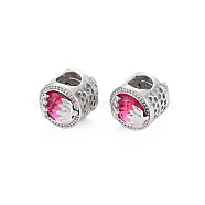 Rack Plating Alloy European Beads, with Resin, Large Hole Beads, Cadmium Free & Nickel Free & Lead Free, Flat Round, Platinum, Deep Pink, 11x13.5mm, Hole: 5.5mm(MPDL-N039-190D)