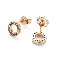 Brass Micro Pave Cubic Zirconia Stud Earrings, with Brass Ear Nuts, Ring, Colorful, Real 18K Gold Plated, 7x2mm, Pin: 0.7mm(EJEW-F198-12G)