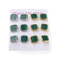 6 Pair 2 Color Square Synthetic Malachite Stud Earrings, 304 Stainless Steel Earrings, Golden & Stainless Steel Color, 12x12mm, 3 Pair/color(EJEW-A024-02)