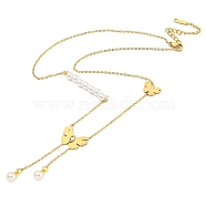 Ion Plating(IP) 201 Stainless Steel Crystal Rhinestone Necklaces, Plastic Pearl Butterfly Pendant Necklaces, Golden, 16.89 inch(42.9cm)(NJEW-K270-22G)