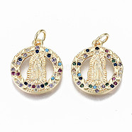 Brass Micro Pave Colorful Cubic Zirconia Pendants, Nickel Free, for Buddhist, Flat Round with Avalokitesvara, Real 18K Gold Plated, 17.5x15x2mm, Jump Ring: 5x0.8mm, Inner Diameter: 3.4mm(KK-S356-158G-NF)