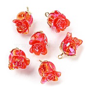 Opaque Resin Pendants, AB Color, Flower Charms with Golden Plated Alloy Leaf, Red, 22.5x18x17mm, Hole: 2.3mm(RESI-K031-04B-P)