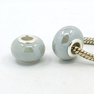 Handmade Porcelain European Beads, with Silver Color Brass Double Cores, Rondelle, Azure, 15x10~11mm, Hole: 5mm(OPDL-G001-17)