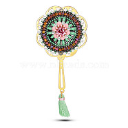 SHEGRACE Japanese Seed Beads Brooches, with Brass Findings and Tassels, Fan, Golden, 100x48mm(JBR076B)