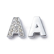 Alloy Initial Slide Charms with Grade A Rhinestones, Lead Free & Nickel Free, Platinum, Letter.A, 12~13x8~13x4~5mm, Hole: 8x2mm(ALRI-R032-A-FF)