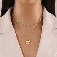 304 Stainless Steel Double Layer Necklaces, Clover Pendant Necklaces, Golden, 15.94 inch(40.5cm)(NJEW-P311-01A-G)