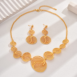 18K Gold Plating Hollow Flat Round Bib Necklace & Dangle Stud Earrings, Jewelry Set(SK5098)