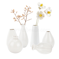 6Pcs 6 Style Mini Ceramic Floral Vases for Home Decor, Small Flower Bud Vases for Centerpiece, Mixed Shape, White, 43~65x70~100mm, Hole: 15~25mm, 1pc/style(BOTT-NB0001-05)