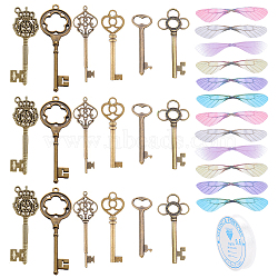 Skeleton Key Charm DIY Jewelry Making Kit for Crafts Gifts, Including Alloy Pendants, Polyester Fabric Wings, Elastic Crystal Thread, Antique Bronze, 60pcs/set(DIY-SC0017-38)