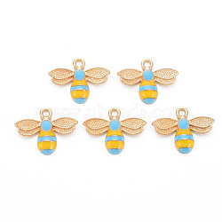 Alloy Enamel Pendants, Cadmium Free & Lead Free, Light Gold, Bees, Deep Sky Blue & Gold, 17.5x22.5x4mm, Hole: 2mm(ENAM-S121-174C-RS)