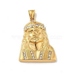 Ion Plating(IP) 304 Stainless Steel Pendants, with Rhinestone, Human Face, Golden, 44x35.5x8mm, Hole: 3x8mm(STAS-C053-37G)