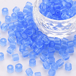 Transparent Glass Bugle Beads, Round Hole, Royal Blue, 4x5mm, Hole: 1.6mm, about 2250pcs/bag(SEED-S050-C-001)