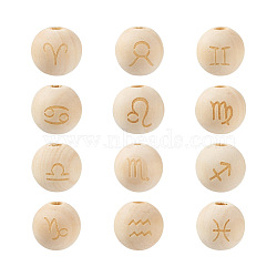 Craftdady 120Pcs 12 Styles Unfinished Natural Wood European Beads, Large Hole Beads, Laser Engraved Pattern, Round with Constellation, Mixed, 15~16x14~15mm, Hole: 4mm, 10pcs/style(WOOD-CD0001-09)