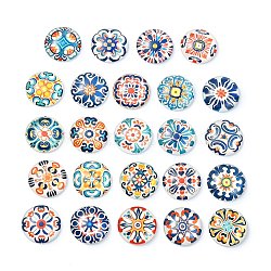 24Pcs Glass Cabochons, Round with Flower, Mixed Color, 25x25x7mm(X1-GGLA-S059-04A)