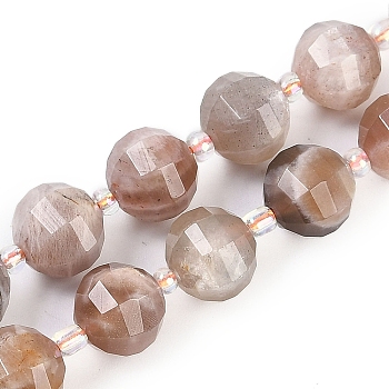 Natural Multi-Moonstone Beads Strands, Faceted, Lantern, with Seed Beads, 10x9mm, Hole: 1.2mm, about 33~34pcs/strand, 15.51~16.10 inch(39.4~40.9cm)