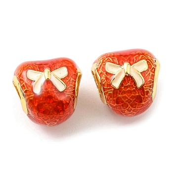 Christmas Brass Enamel European Beads, Large Hole Beads, Lead Free & Cadmium Free, Bowknot Pattern, Real 18K Gold Plated, Orange Red, 11x11.5x10mm, Hole: 4mm