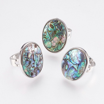 Adjustable Natural Abalone Shell/Paua ShellFinger Rings, with Platinum Tone Brass Findings, Oval, Colorful, Size 8, 18mm