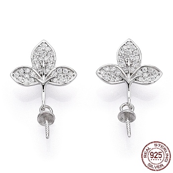 925 Sterling Silver Micro Pave Cubic Zirconia Peg Bails, Leaf Cup Peg Bails, For Pinch Bails Half Drilled Beads, Nickel Free, with 925 Stamp, Real 18K Gold Plated, 20x12x5mm, Hole: 1.8mm, Pin: 0.8mm