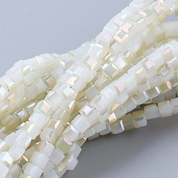 Electroplate Glass Beads Strands, Imitation Jade, Half Rainbow Plated, Faceted, Cube, Light Yellow, 2~2.5x2~2.5x2~2.5mm, Hole: 0.5mm, about 195~200pcs/strand, 16.9~17.5 inch(43~44.5cm)