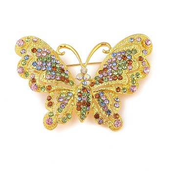 Butterfly Zinc Alloy Rhinestone Brooches for Backpack Clothes, Golden, 44x60mm