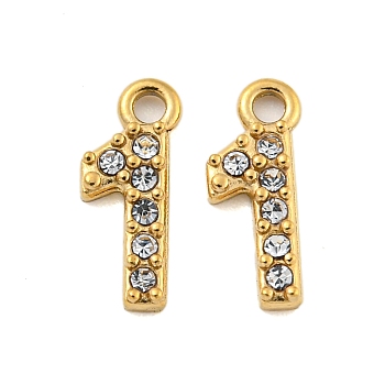 304 Stainless Steel Pendants, with Crystal Rhinestone, Number Charms, Real 14K Gold Plated, Number, 9x3.5x1mm, Hole: 1mm