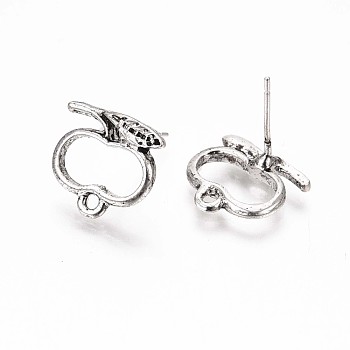 Alloy Stud Earring Findings, with Loop, 925 Sterling Silver Pins, Cadmium Free & Lead Free, Apple, Antique Silver, 12x13mm, Hole: 1.4mm, Pin: 0.7mm
