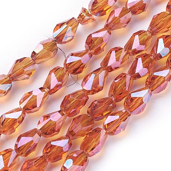 Electroplate Glass Beads Strands, Full Rainbow Plated, teardrop, Faceted, Coral, 8.5x6x6mm, Hole: 1mm, 21.2~23.2 inch(54~59cm), 65~70pcs/strand