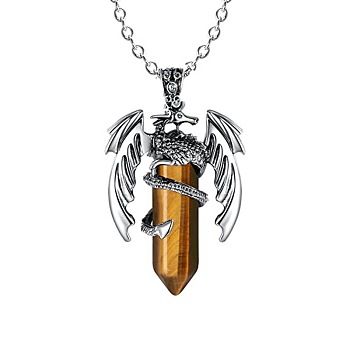 Natural Tiger Eye Bullet with Dragon Pendant Necklace with Zinc Alloy Chains, 19.69 inch(50cm)