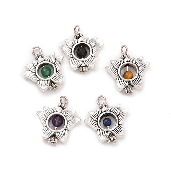 Natural Mixed Stone Pendants, Flower Charm, with Antique Silver Tone Alloy Findings, 19x19.5x4.5mm, Hole: 4.2mm