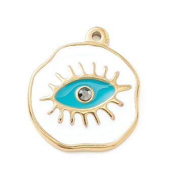 Ion Plating(IP) 304 Stainless Steel Enamel Pendants, Golden, with Jet Rhinestone, Polygon with Evil Eye, White, 21.5x19x3mm, Hole: 1.3mm