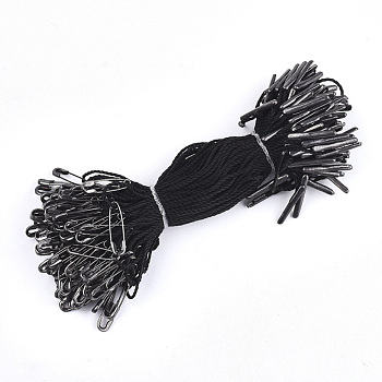 Garments Price Hang Tag, Polypropylene Cord, with Safety Pin & Bar Clasp, Golden, Black, 110x1mm, Safety Pin: 18x4.5x1.5mm, Pin: 0.5mm, Bar Clasp: 16x2x1.5mm, about 1000pcs/bag