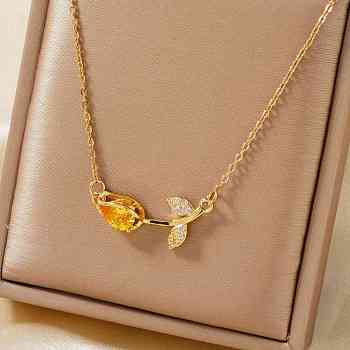 Fashionable Brass Pave Cubic Zirconia Tulip Flower Pendant Necklaces for Women, Golden, Yellow, 15.75 inch(40cm)