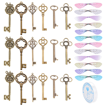 Skeleton Key Charm DIY Jewelry Making Kit for Crafts Gifts, Including Alloy Pendants, Polyester Fabric Wings, Elastic Crystal Thread, Antique Bronze, 60pcs/set