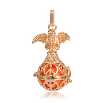 Golden Plated Brass Hollow Round Cage Pendants, with No Hole Spray Painted Brass Beads, Dark Orange, 45x25x24mm, Hole: 3x8mm
